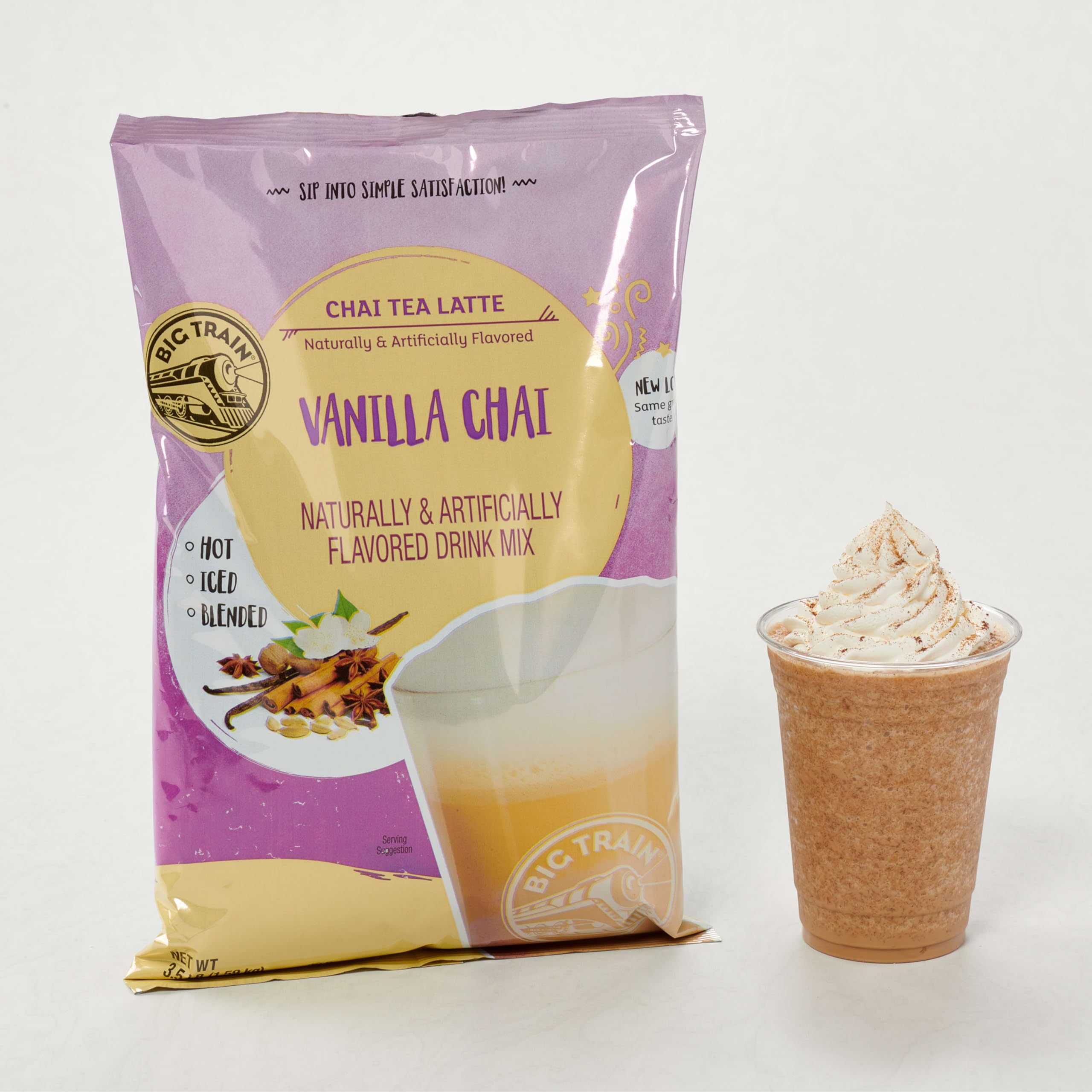Office kitchen counter featuring Big Train Vanilla Chai Latte mix.