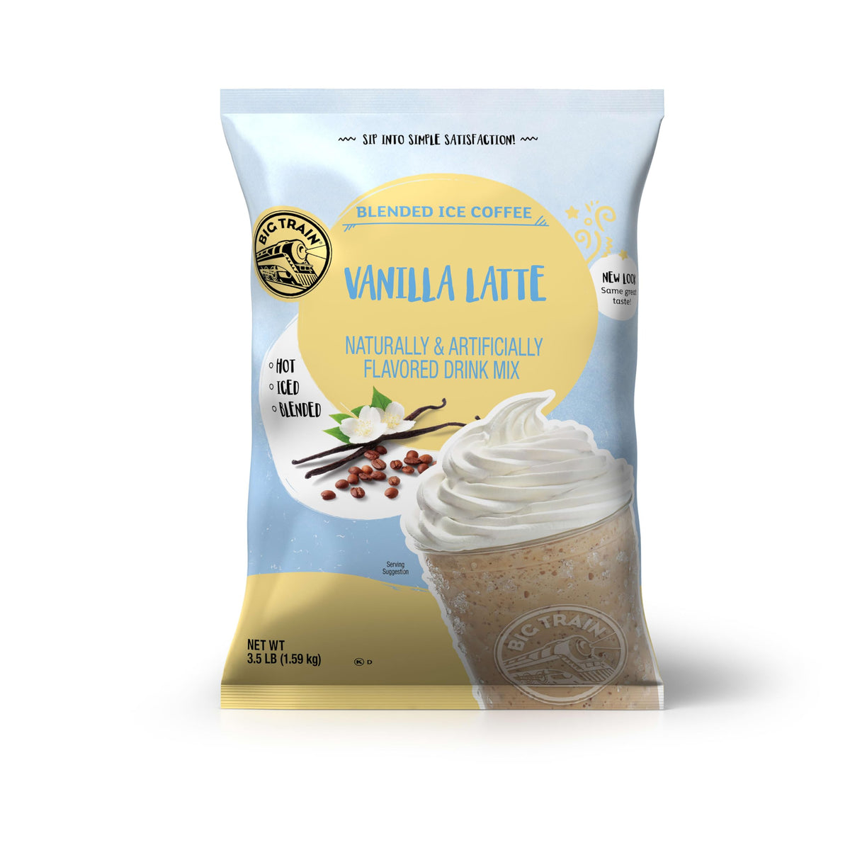 Big Train Vanilla Latte blended-ice-coffee-mix for easy, flavorful frappes at home.
