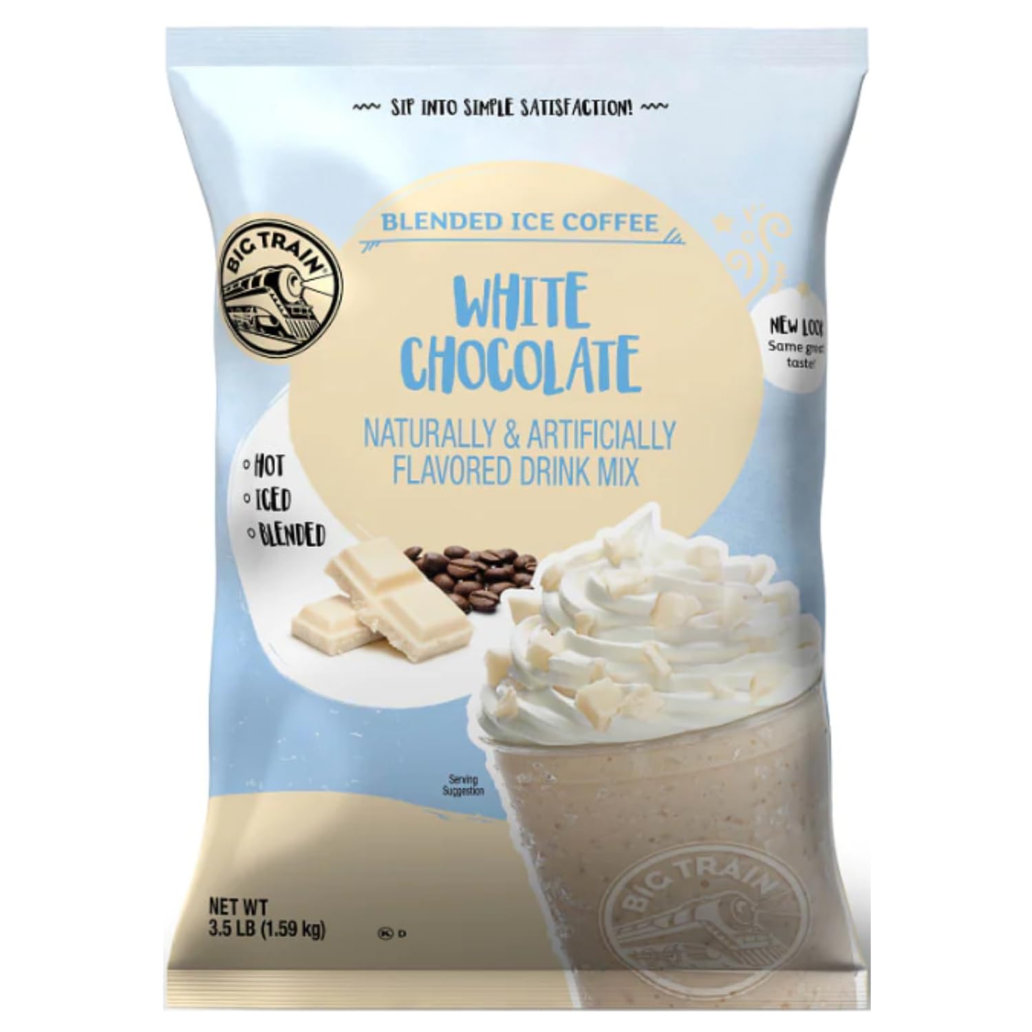 Big Train White Chocolate Latte blend being poured into a glass for a creamy frappe