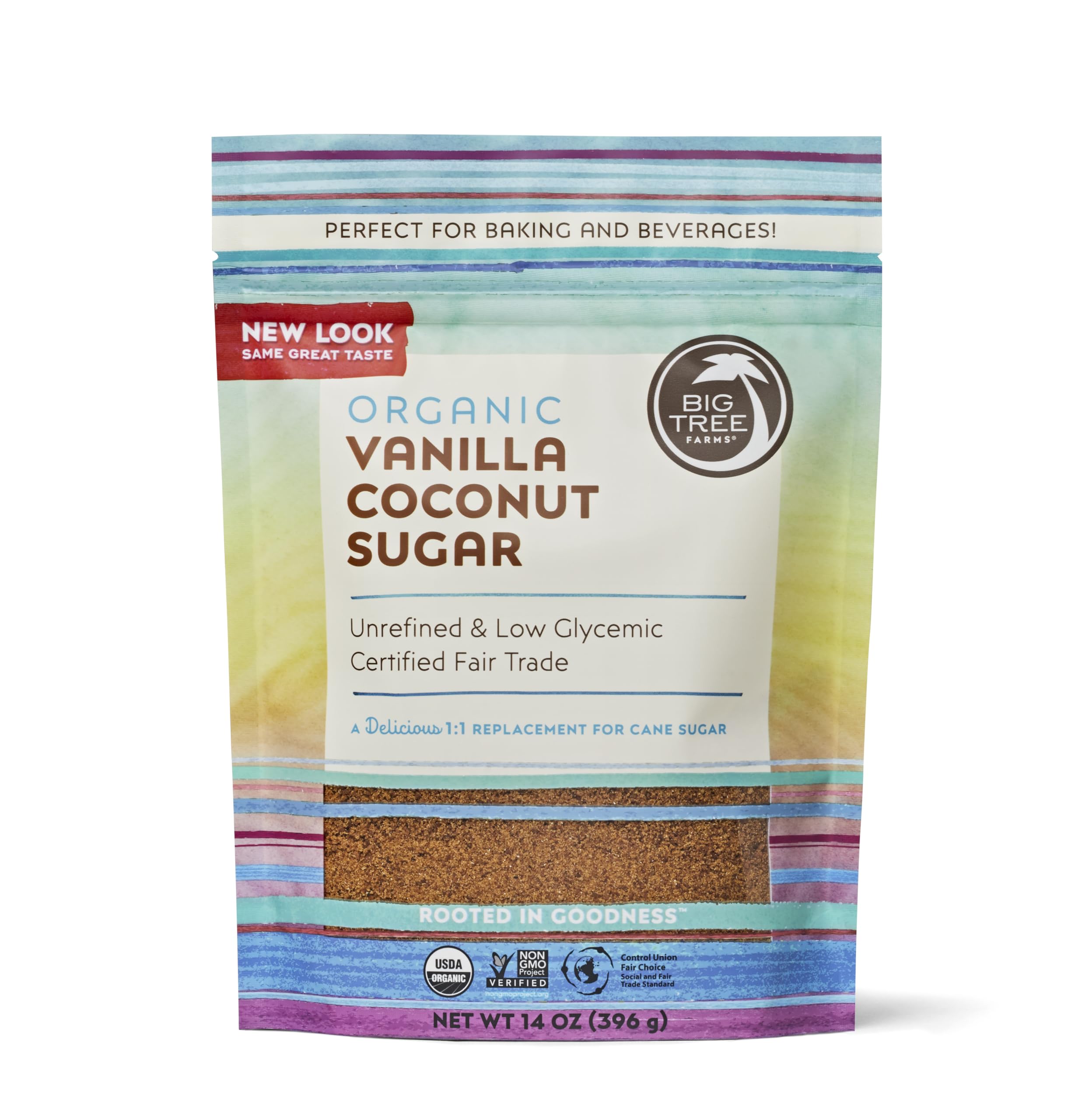 Big Tree Farms Vanilla Coconut Sugar bottle shows vanilla-infused sweetness for coffee and baking.