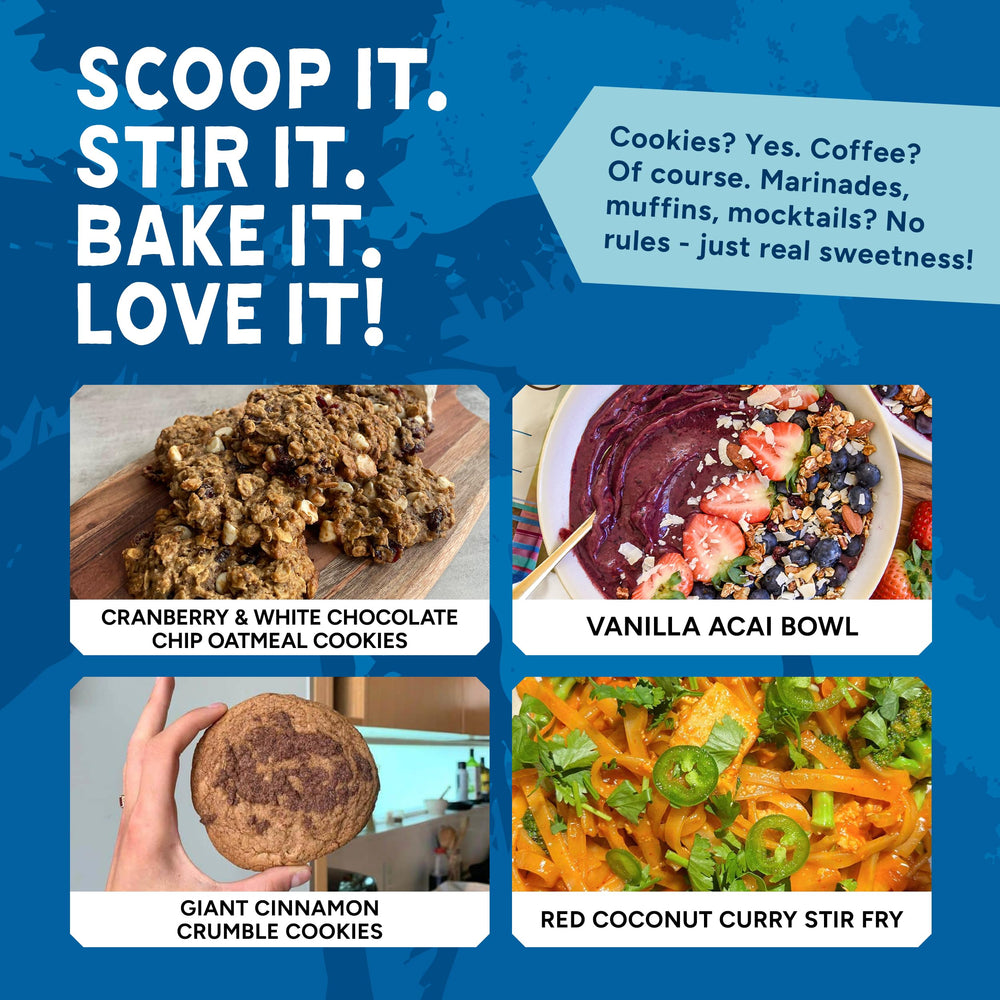 Label information highlighting organic, unrefined vanilla coconut sugar product details.