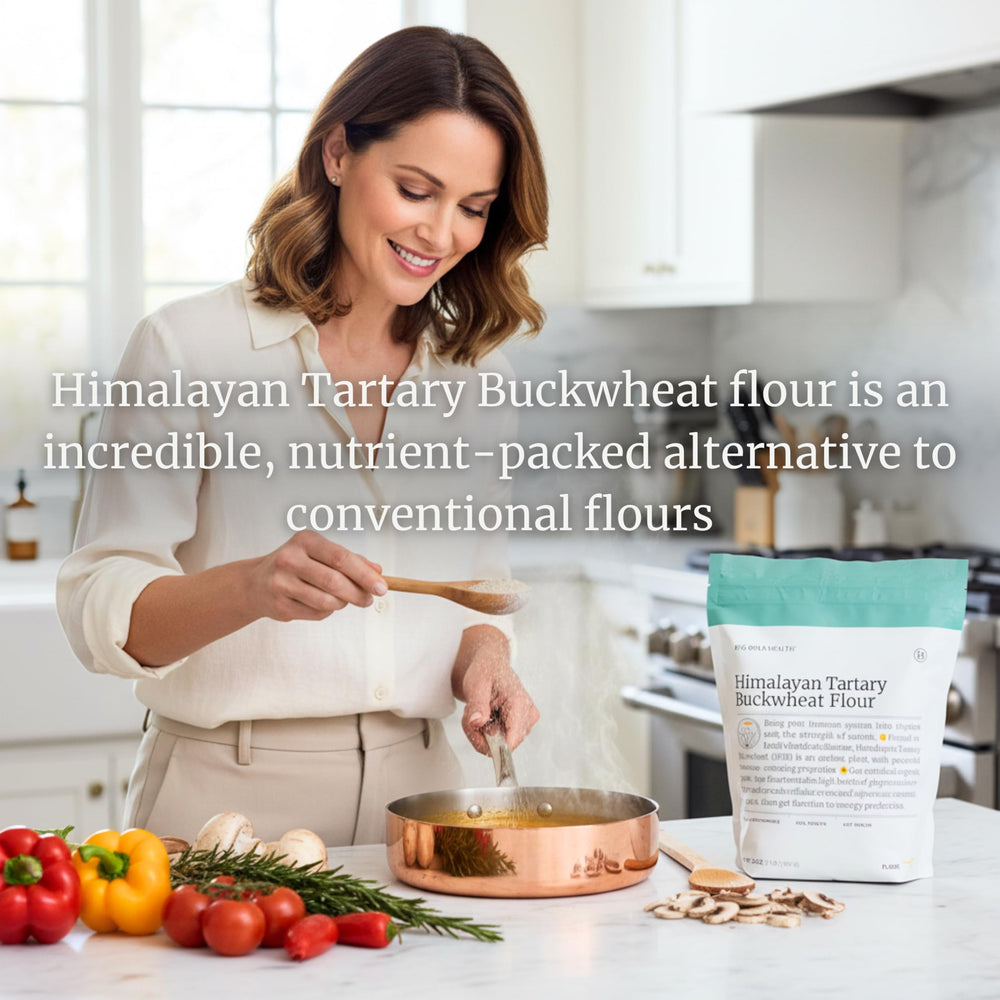 BIG BOLD HEALTH Baking setup with buckwheat flour and tools.
