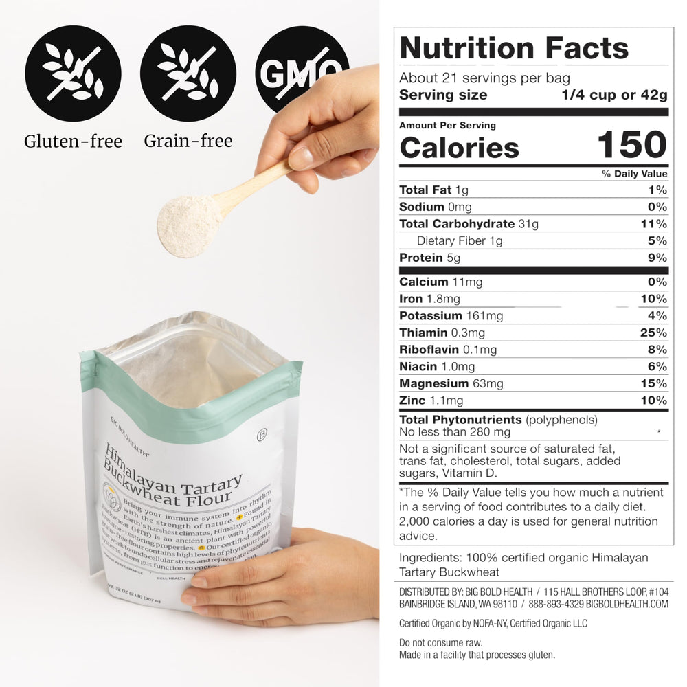 BIG BOLD HEALTH Organic buckwheat flour pour, showing convenient resealable bag.