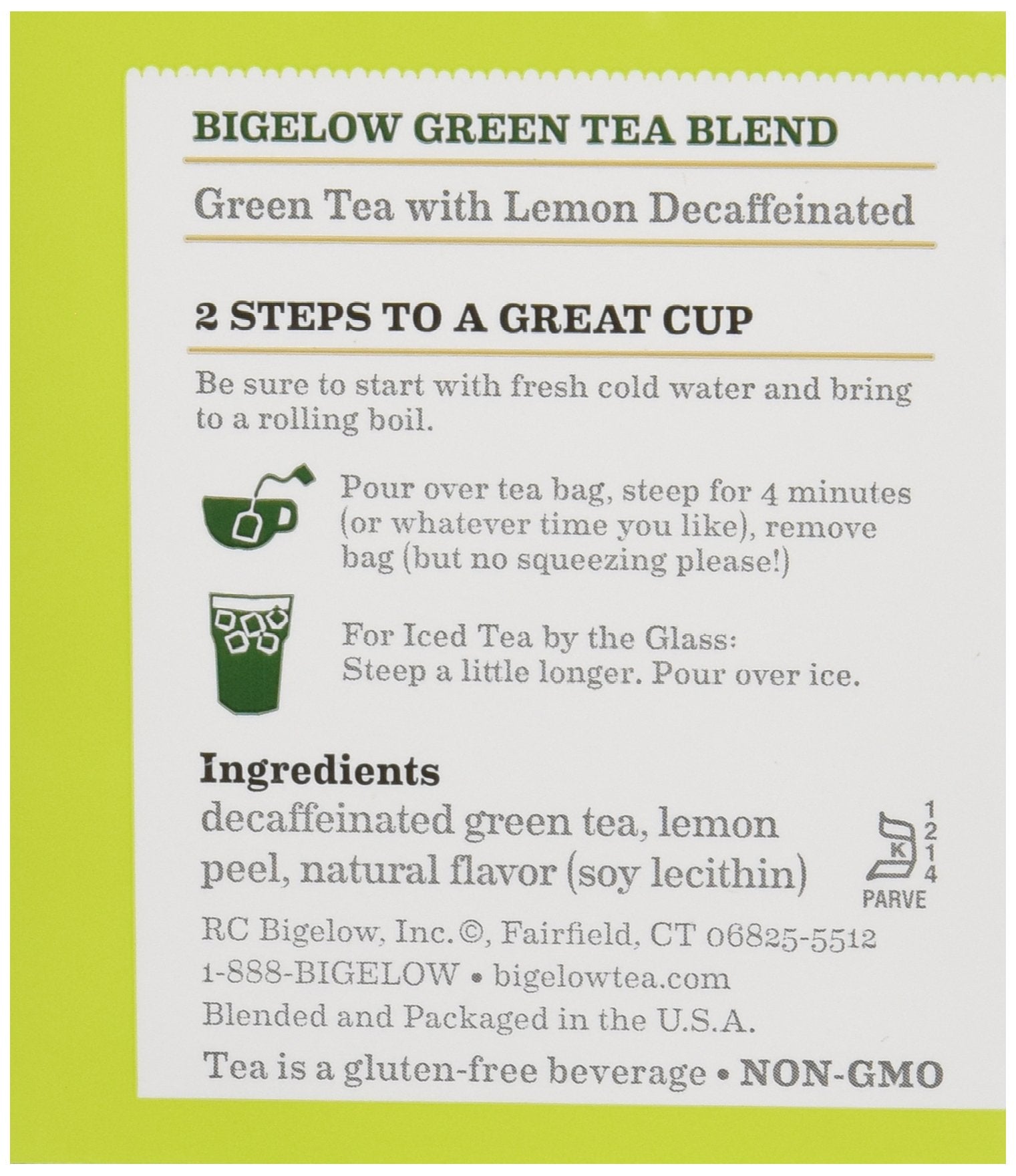 20-count Bigelow box showing lemon flavor and decaf blend.