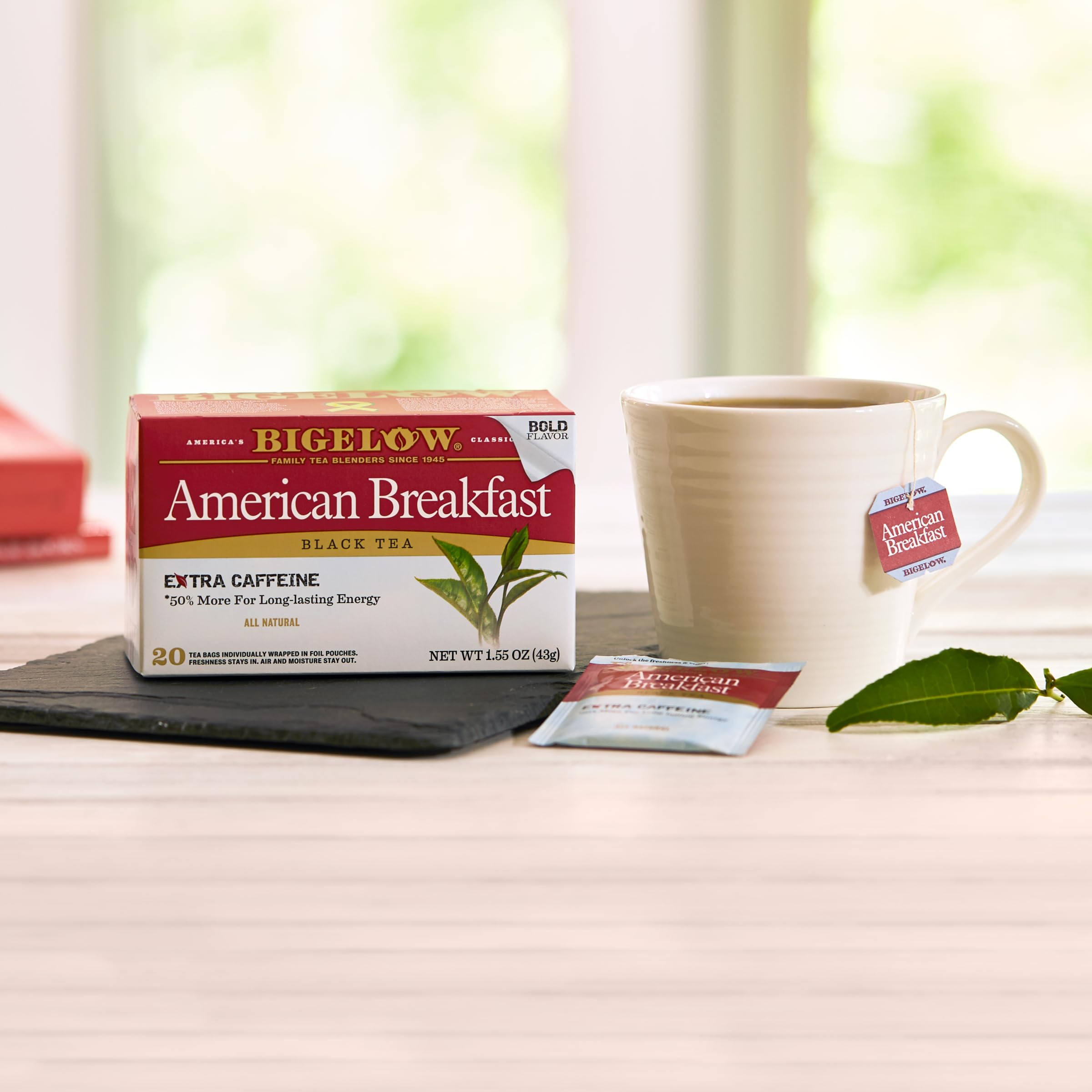 Bigelow American Breakfast Tea bag closeup shows rich color and premium packaging.