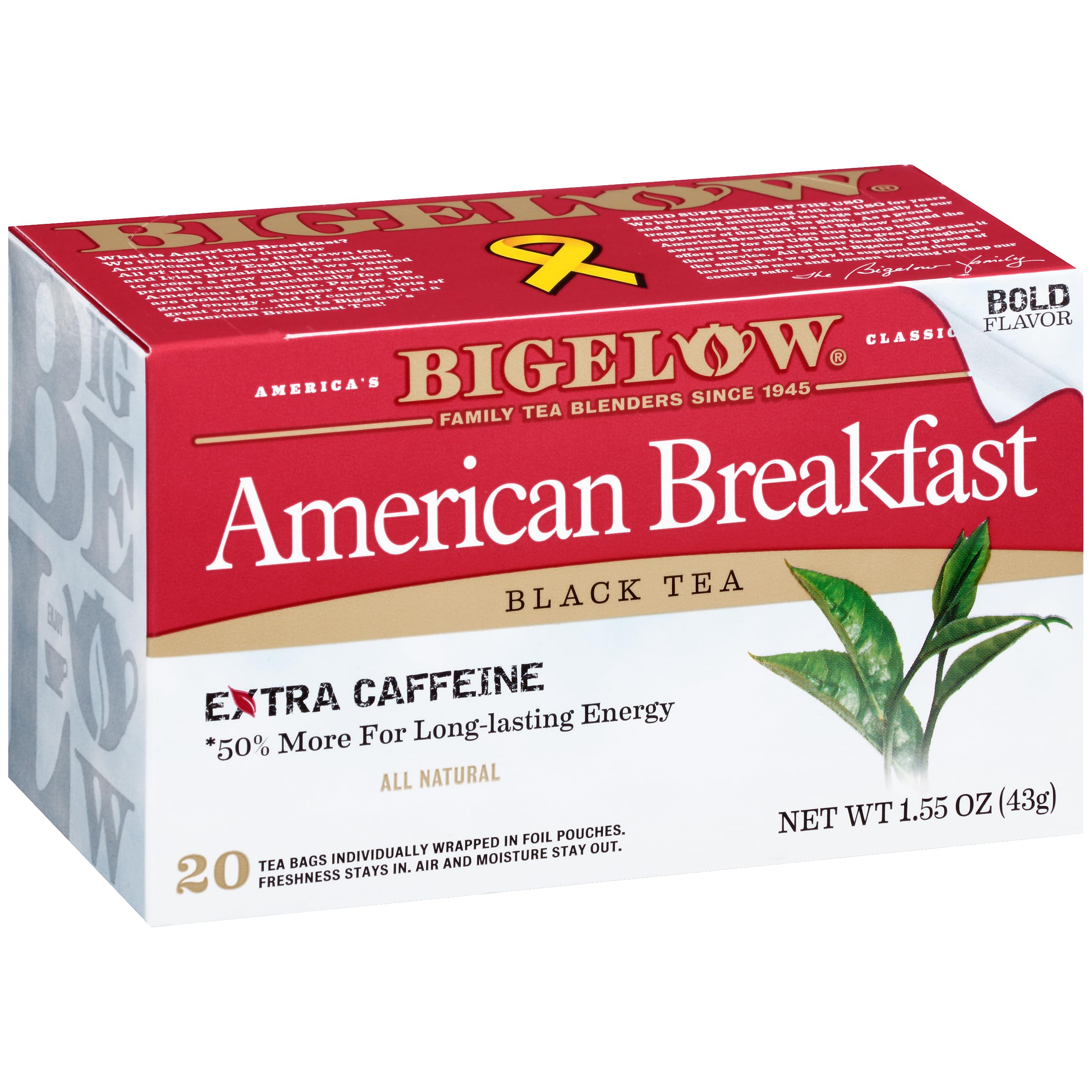 Bigelow American Breakfast Tea box with foil pouches highlights freshness and convenient brewing.
