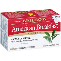 Bigelow American Breakfast Tea box with foil pouches highlights freshness and convenient brewing.