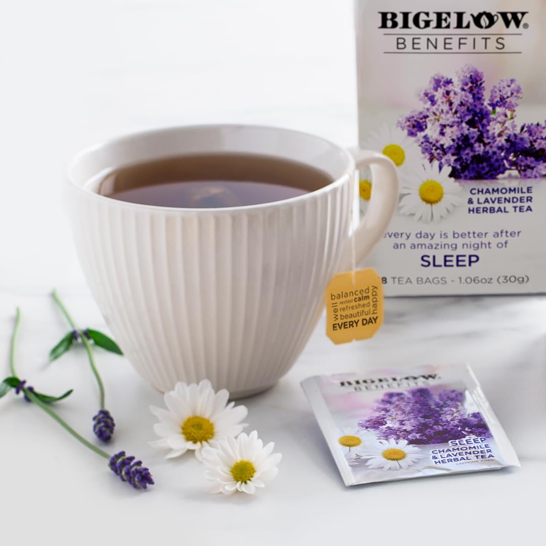 A brewed Bigelow Benefits Sleep cup highlighting caffeine-free, floral notes.