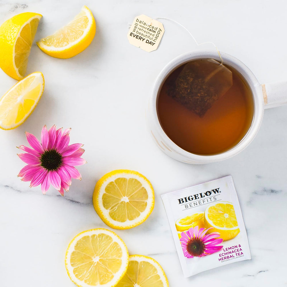 Close-up of Bigelow Stay Well tea bags showing convenient, individually wrapped format for easy use.