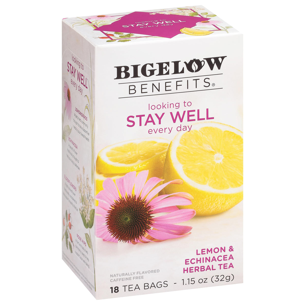 Bigelow Stay Well Lemon Echinacea tea packaging emphasizes freshness for on-the-go wellness.