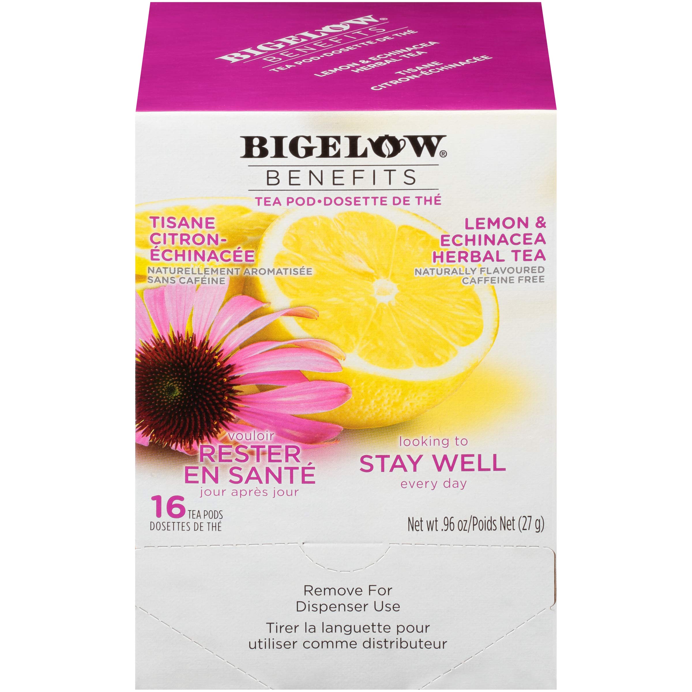 Bigelow Stay Well Lemon Echinacea tea pods in box, convenient caffeine-free option.