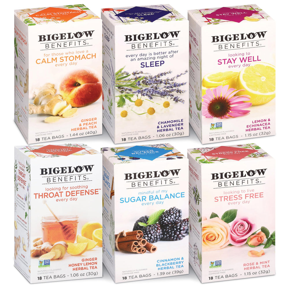 Bigelow Benefits Ginger & Peach tea bags for a cozy morning ritual with fragrant peach notes