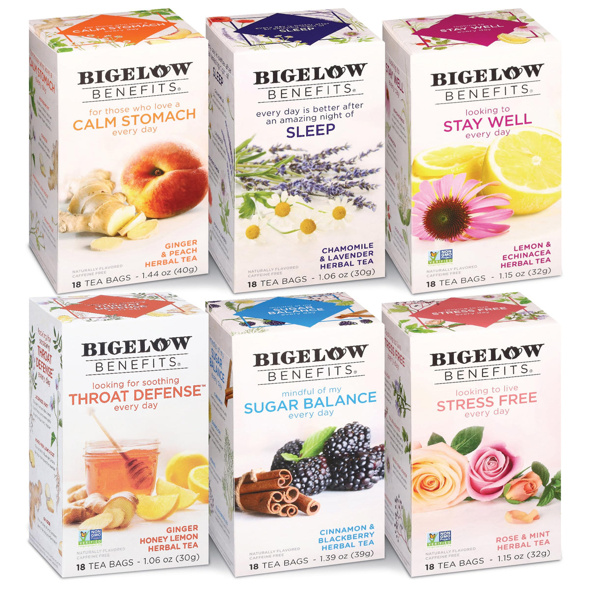 Bigelow Benefits Ginger & Peach tea bags for a cozy morning ritual with fragrant peach notes