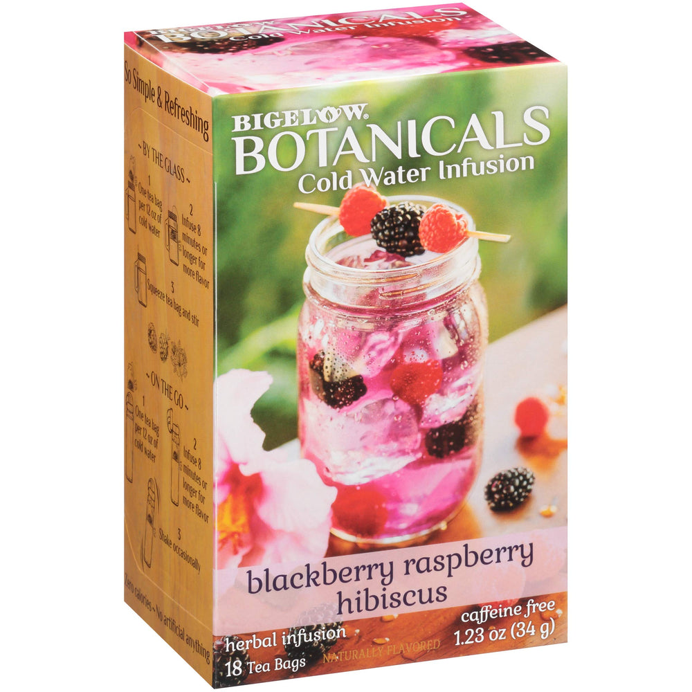 Bigelow Botanicals cold water infusion blackberry raspberry hibiscus tea bag delivers refreshing fruit flavor