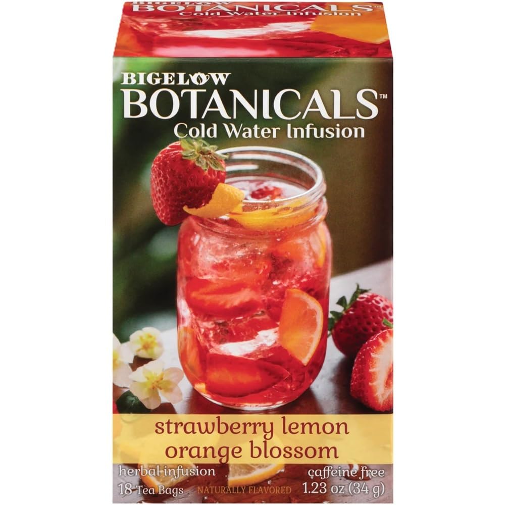 Bigelow Botanicals Cold Water Infusion Strawberry Lemon Orange Blossom tea bag for refreshing caffeine-free infusion.