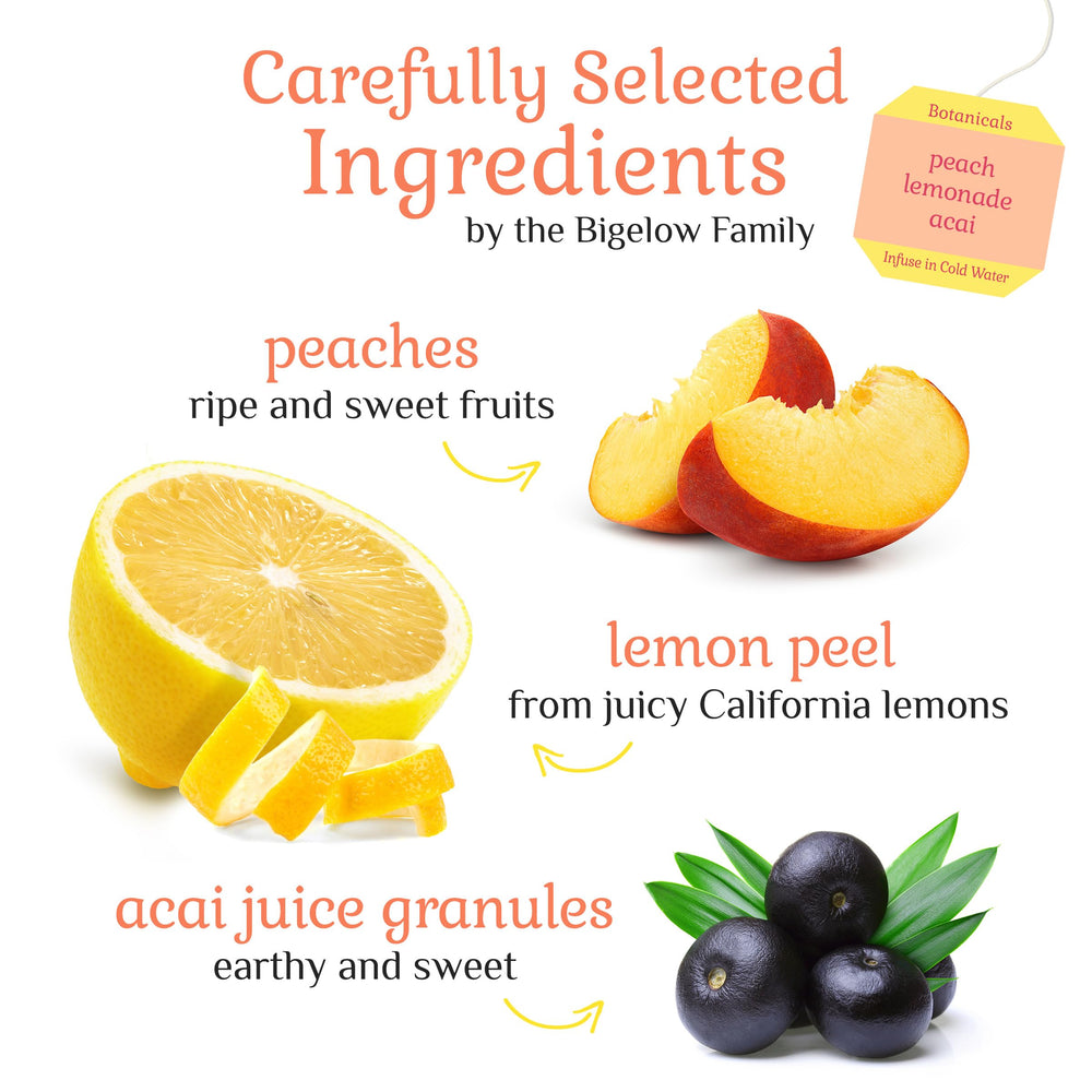 Glass of water infused with Peach Lemonade with Acai, light and fruity.