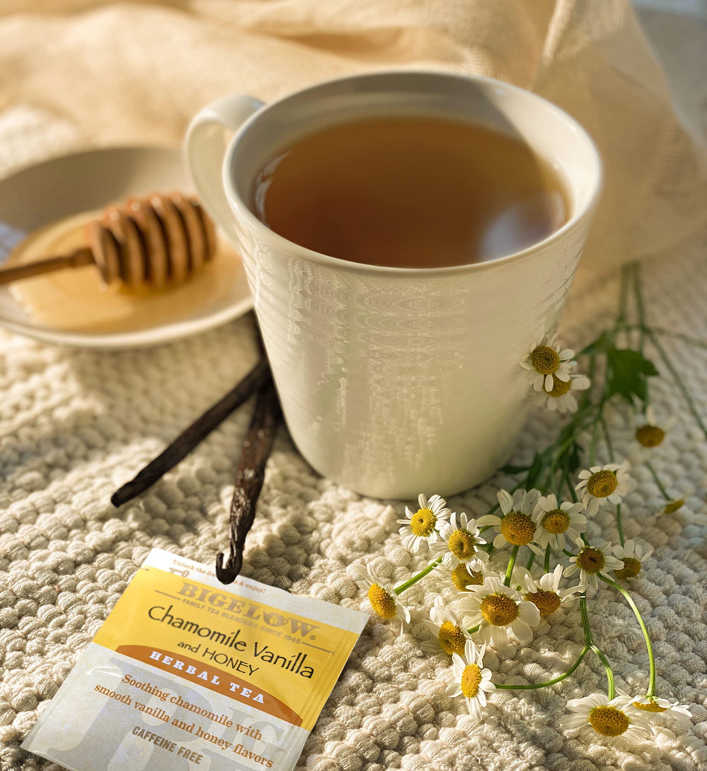 Bigelow Chamomile Vanilla Honey tea bags closeup showing freshness for on-the-go enjoyment.