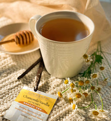 Bigelow Chamomile Vanilla Honey tea bags closeup showing freshness for on-the-go enjoyment.