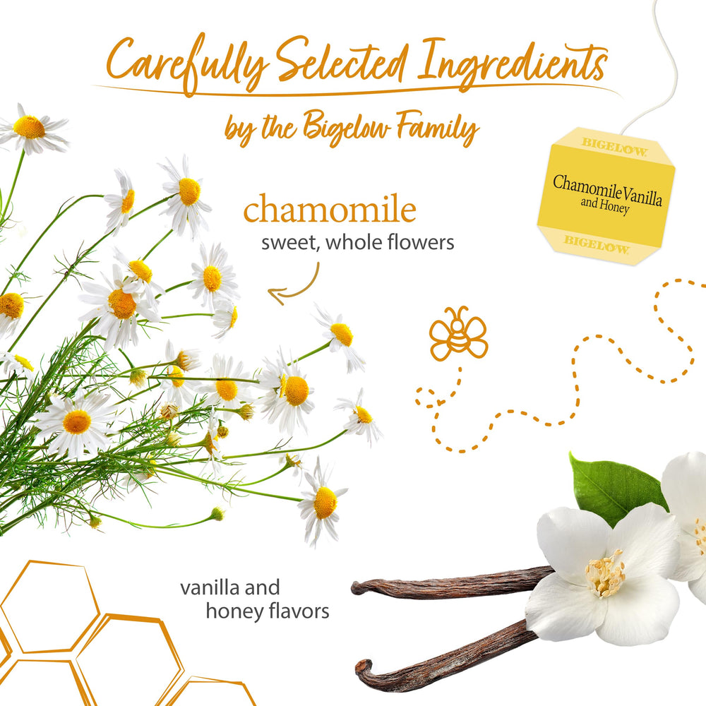 Bigelow Chamomile Vanilla Honey tea steeping cup captures soothing aroma as it brews.