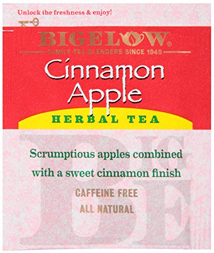Packaging of Bigelow Cinnamon Apple Herbal Blend highlighting all-natural notes