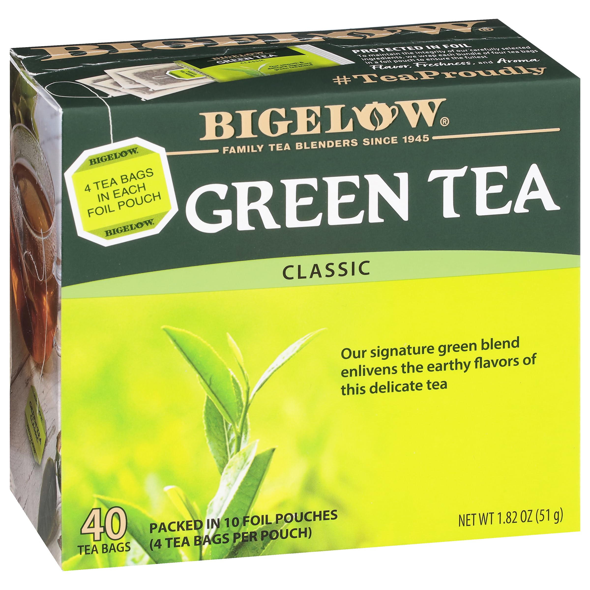 Bigelow Classic Green Tea Bags on the box front, signaling convenient 40-count value for daily tea.
