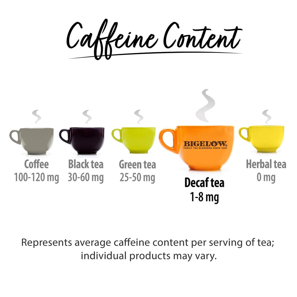 Close-up of Bigelow Constant Comment Decaf tin label emphasizing signature spice notes.