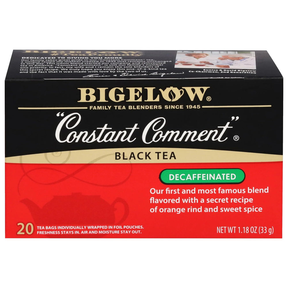 Bigelow Constant Comment Decaf packaging on shelf highlighting a caffeine-free option.