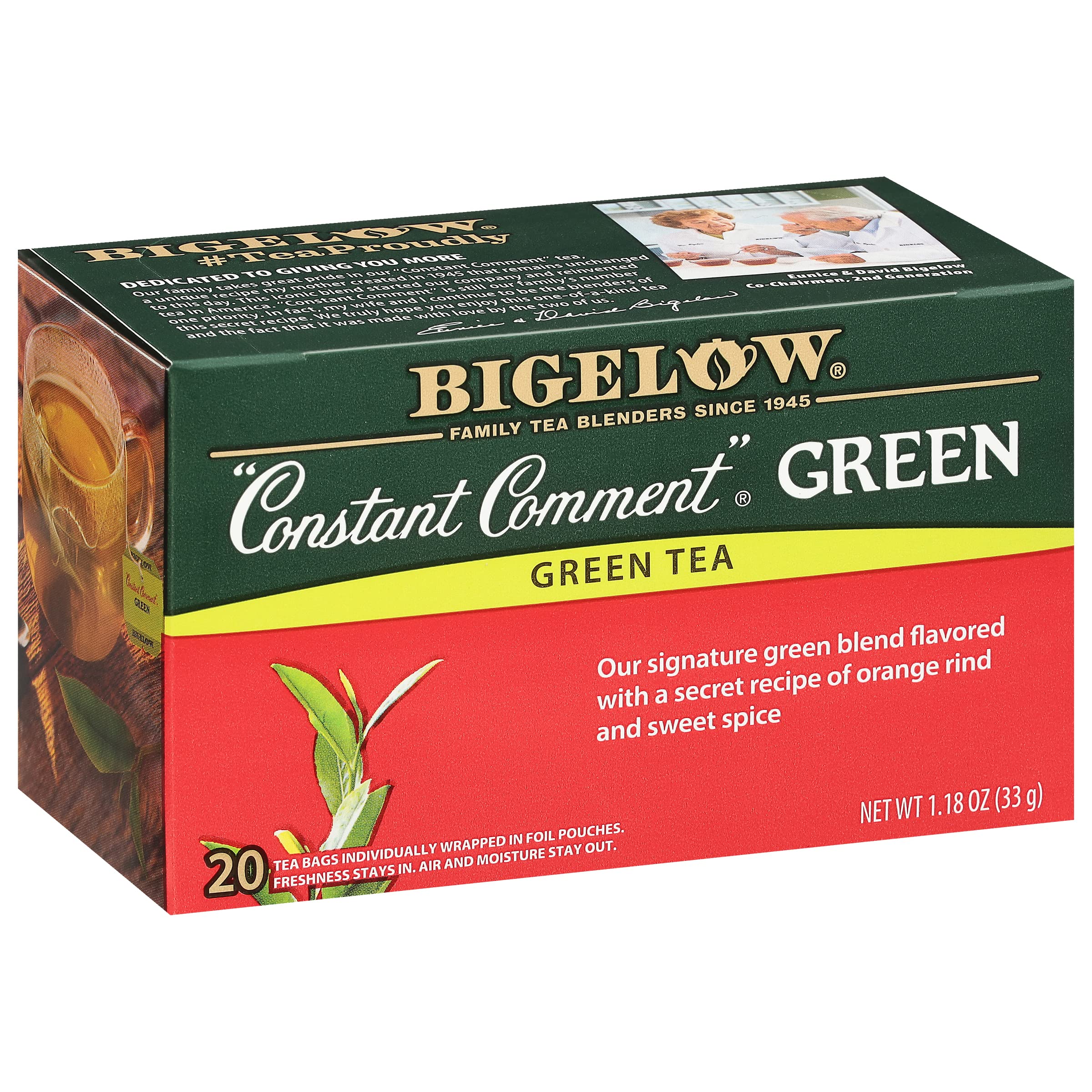 Bigelow Constant Comment Green Tea bags pack—aromatic blend of green tea, orange rind, and spice.