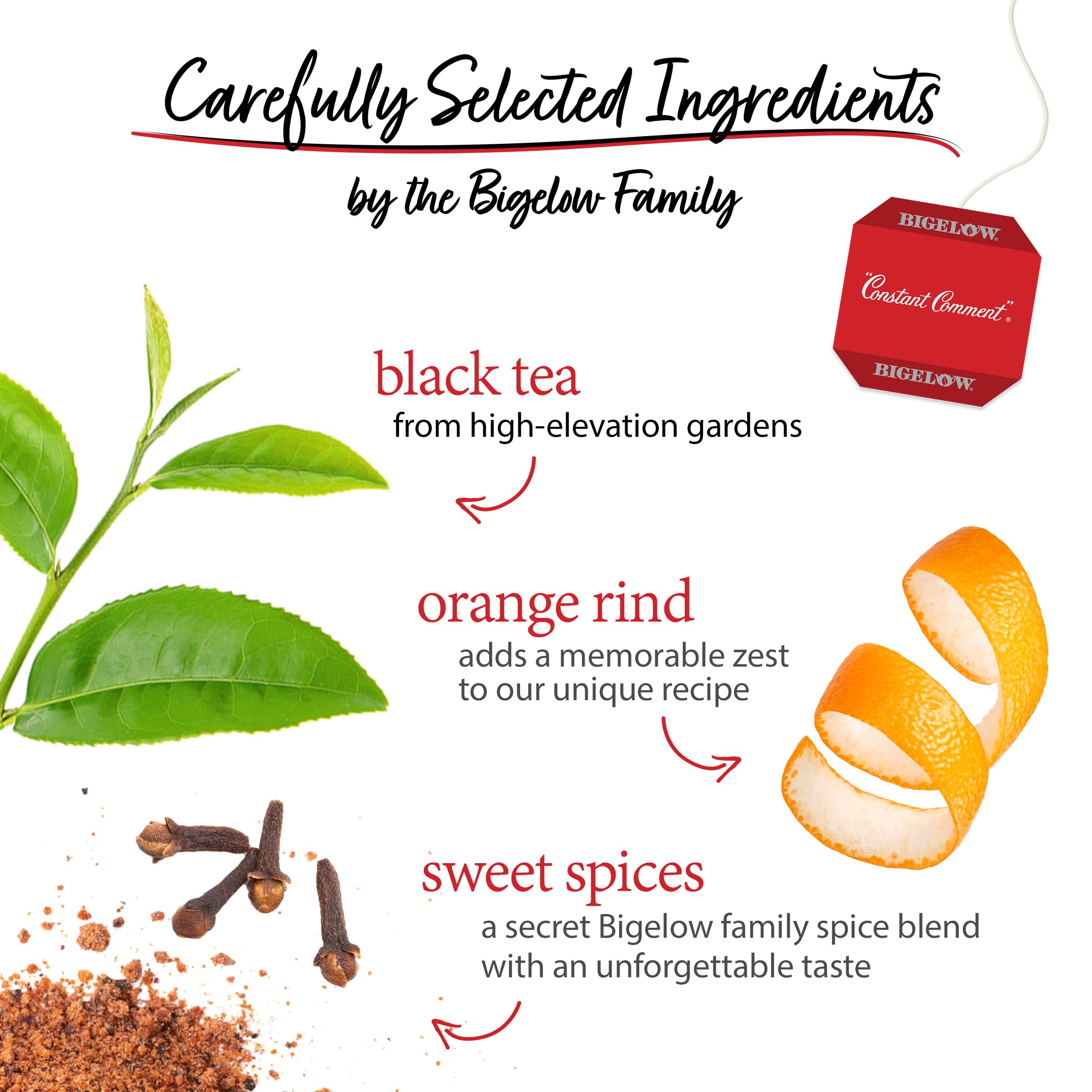 Closeup of spice-orange peel notes in Bigelow Constant Comment tea