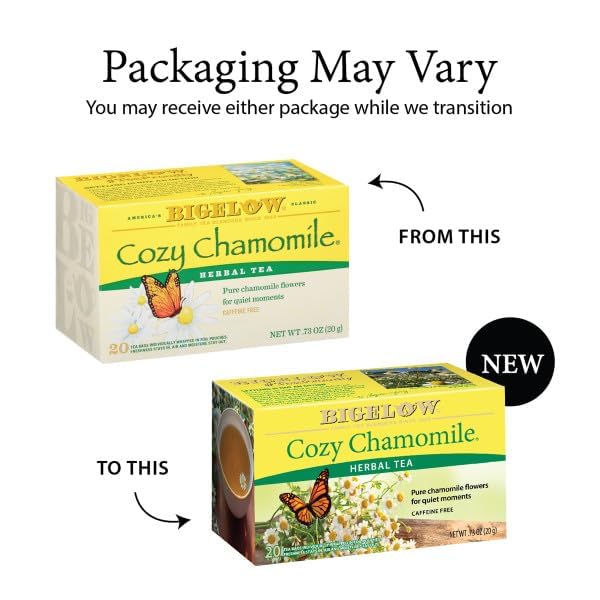 Steaming cup of Bigelow Cozy Chamomile invites relaxation.