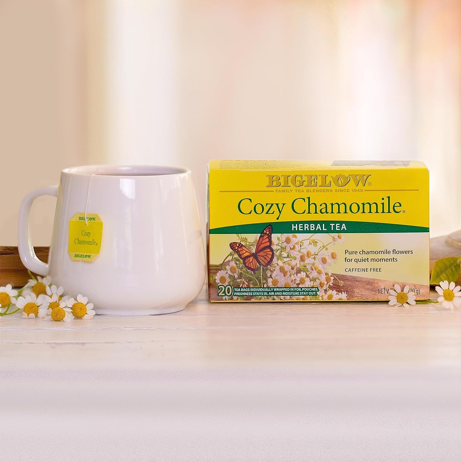 Close-up of Bigelow Cozy Chamomile tea bags highlighting herbal warmth.