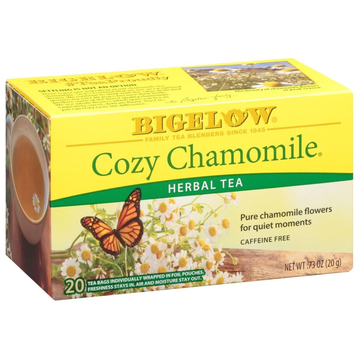 Bigelow Cozy Chamomile tea bags ready for a calming cup.