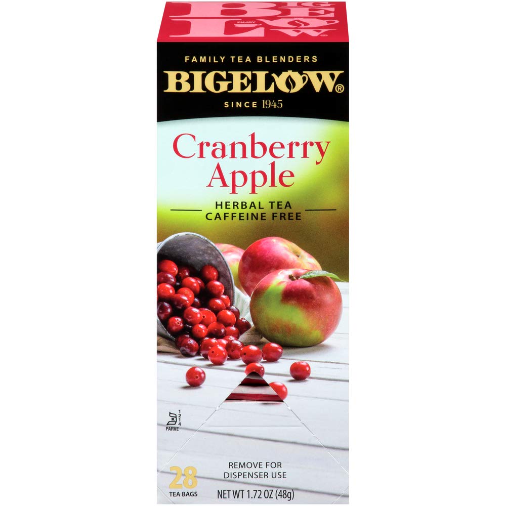 Bigelow Cranberry Apple Herbal Tea Bags box showcases 28-count packaging