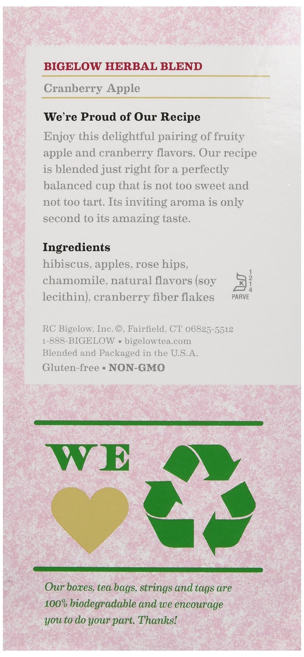 Bigelow Cranberry Apple Tea bags closeup for convenient everyday brewing.