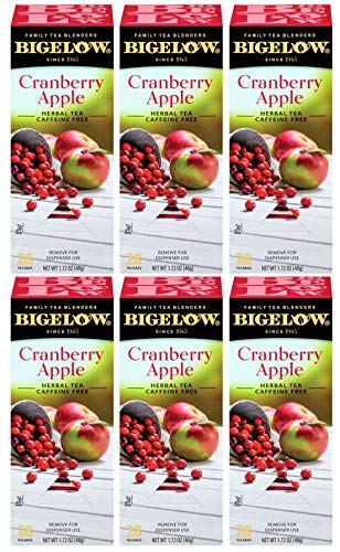 Bigelow Cranberry Apple Herbal Tea bags in a six-pack foil pouch preserve freshness.