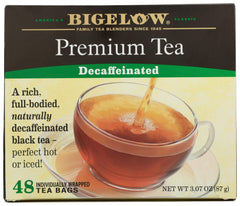 Bigelow decaf black tea bags, 48-count, ready for daily enjoyment.