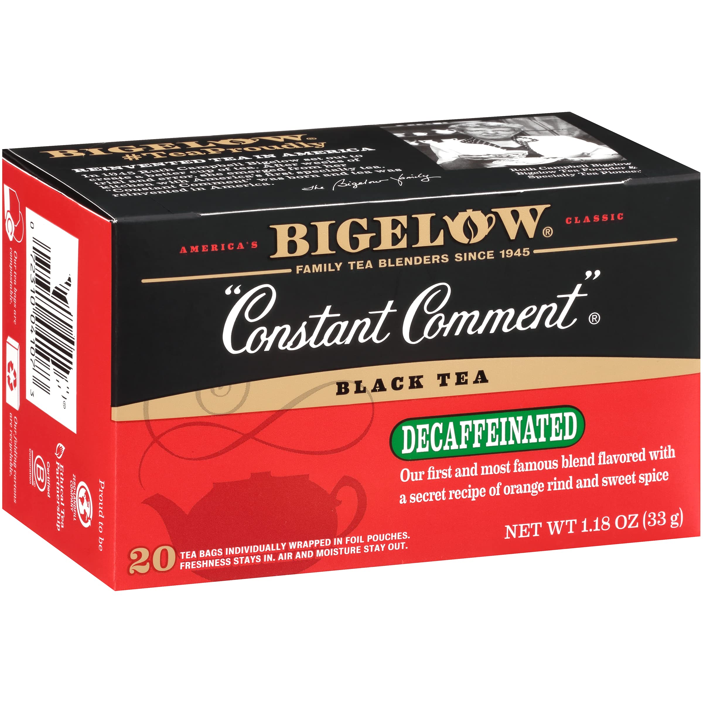 Bigelow Constant Comment decaf tea bags, individually wrapped for on-the-go freshness.