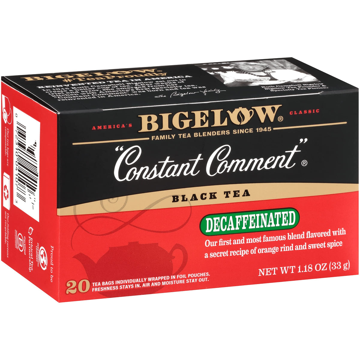 Bigelow Constant Comment decaf tea bags, individually wrapped for on-the-go freshness.