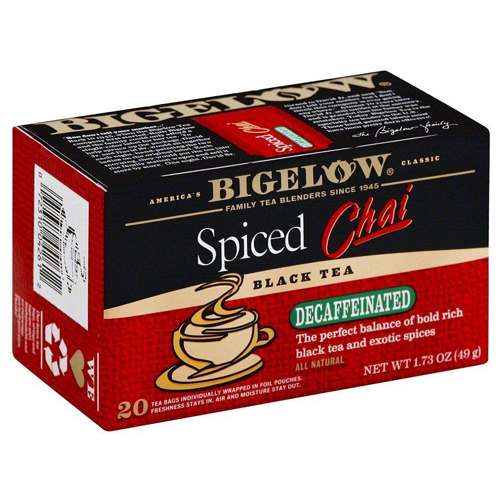 Bigelow Decaf Spiced Chai tea bags for a caffeine-free, aromatic evening ritual.