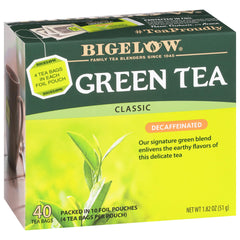 Bigelow decaffeinated green tea bags in a 40-count box for a smooth hot cup.