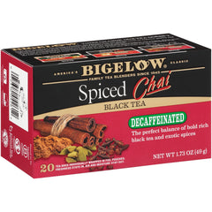 Bigelow decaffeinated spiced chai tea bags in a 6-pack for on-the-go enjoyment.
