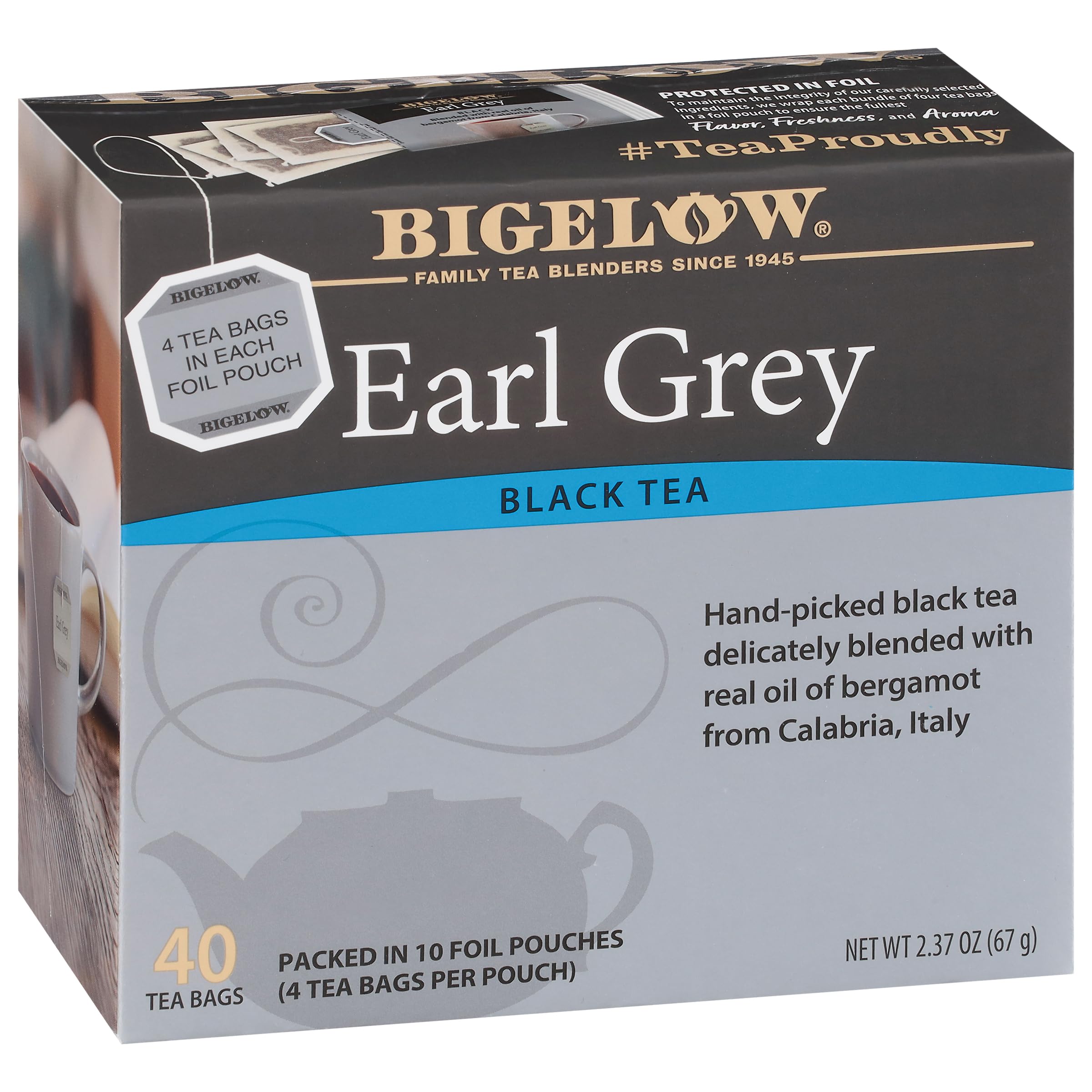 Bigelow Earl Grey box front shows six-pack convenience for mornings.