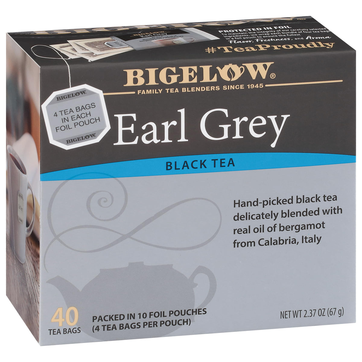 Bigelow Earl Grey box front shows six-pack convenience for mornings.