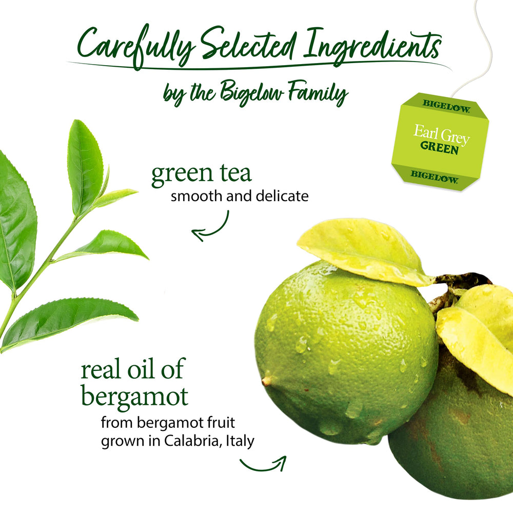 Bigelow Earl Grey Green Tea box displays bergamot aroma and premium green tea.
