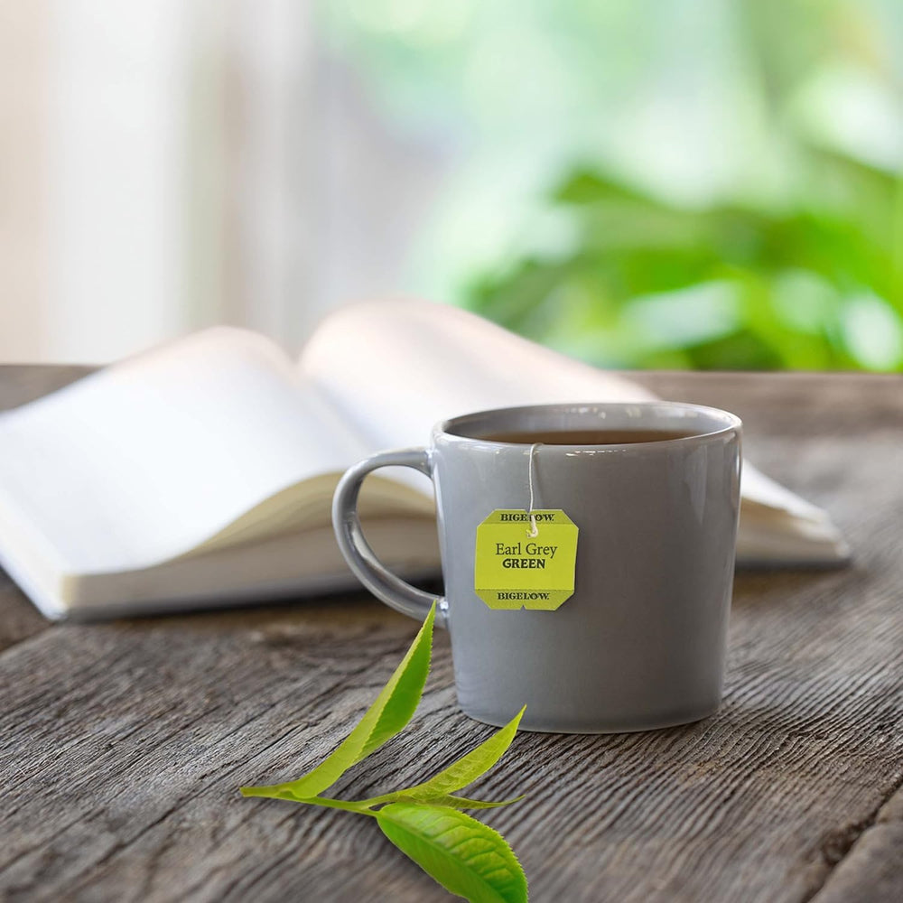 Bigelow Earl Grey Green Tea tea bags in foil pouches preserve freshness.