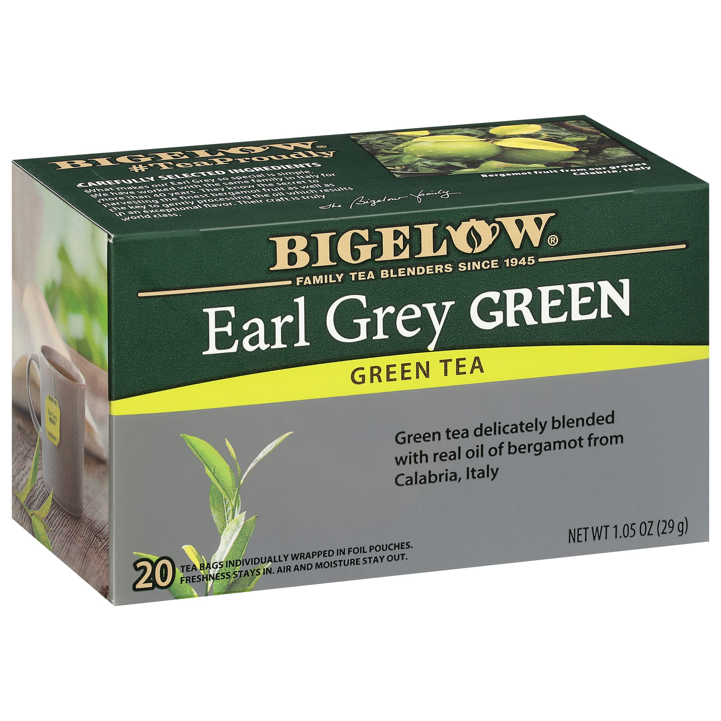 Bigelow Earl Grey Green Tea pack of six boxes for daily brewing.