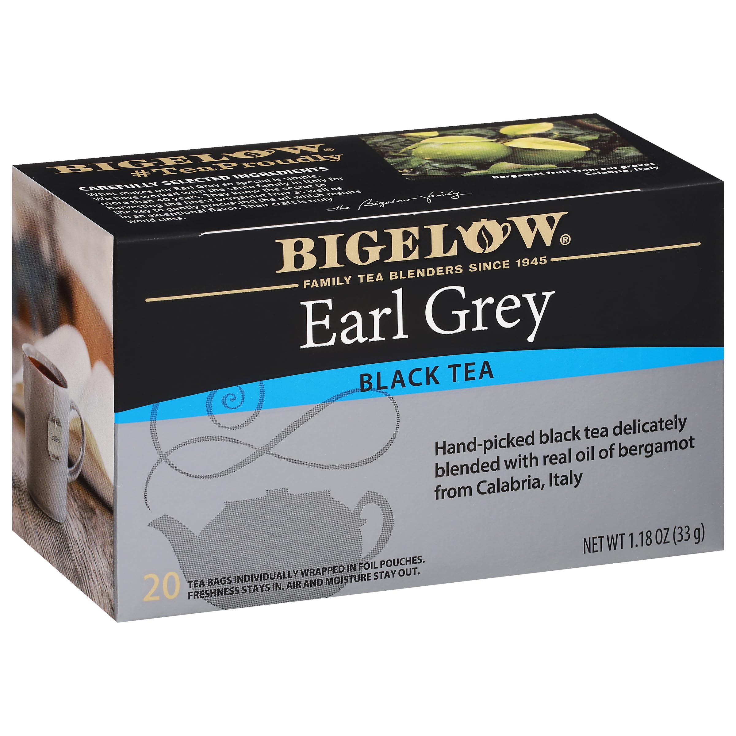 Bigelow Earl Grey tea bags ready for brewing, a classic caffeinated pick-me-up.
