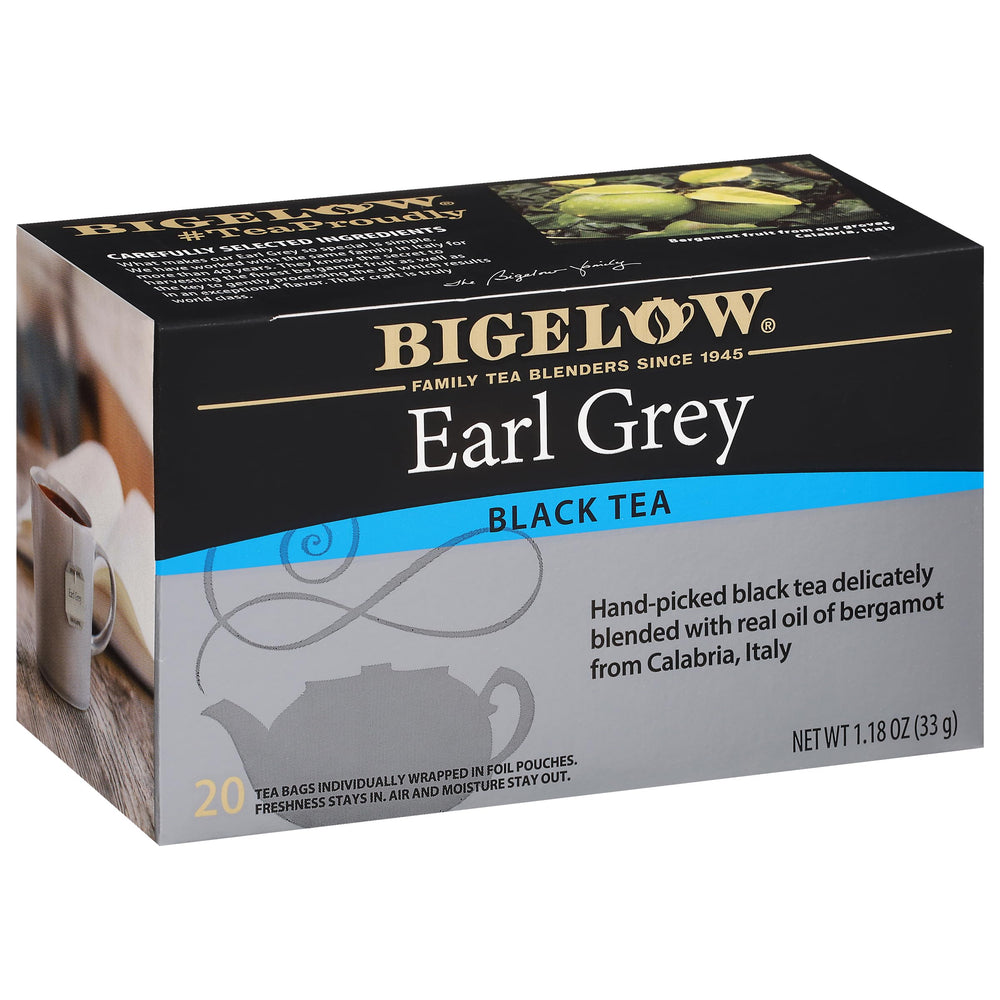 Bigelow Earl Grey tea bags ready for brewing, a classic caffeinated pick-me-up.