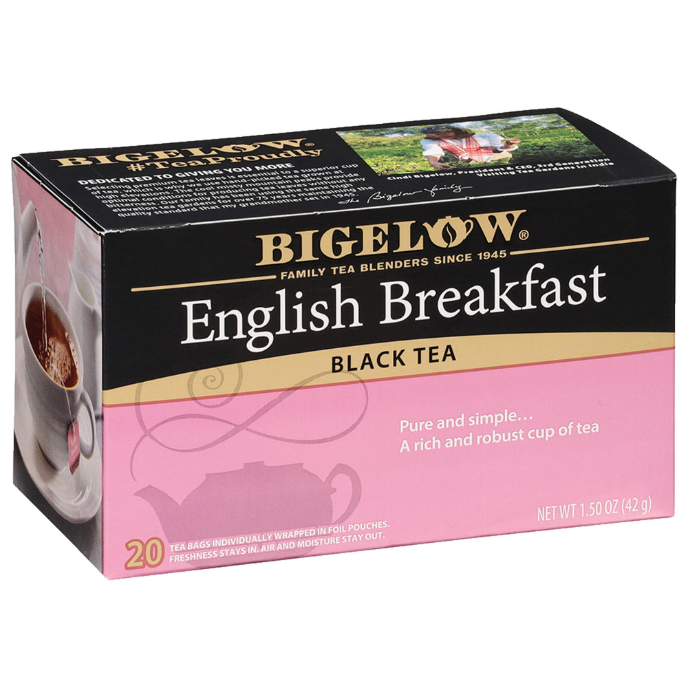 Bigelow English Breakfast tea box front for bold morning ritual.
