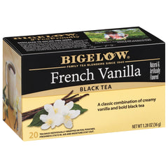 Bigelow French Vanilla black tea bags front-pack for quick brew and aroma.